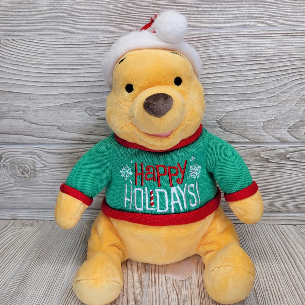 Disney Winnie the Pooh‎ Plush Happy Holidays Ugly Christmas Sweater Santa Hat
